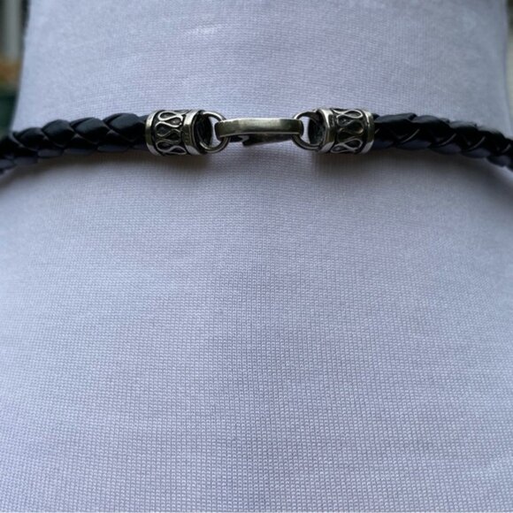 NECKLACE FRESHWATER PEARLS BLACK BRAIDED LEATHER 925 STERLING SILVER 17” - Picture 7 of 9